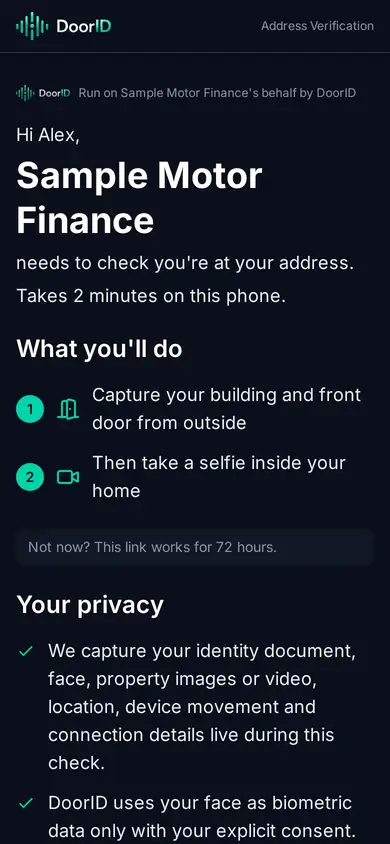 The DoorID screen a customer sees when they open the link in the text: who is asking, what they will do, and how long it takes.