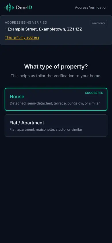 The property-type screen: the address being verified shown read-only, and the choice of House, Rural property or Flat / Apartment.